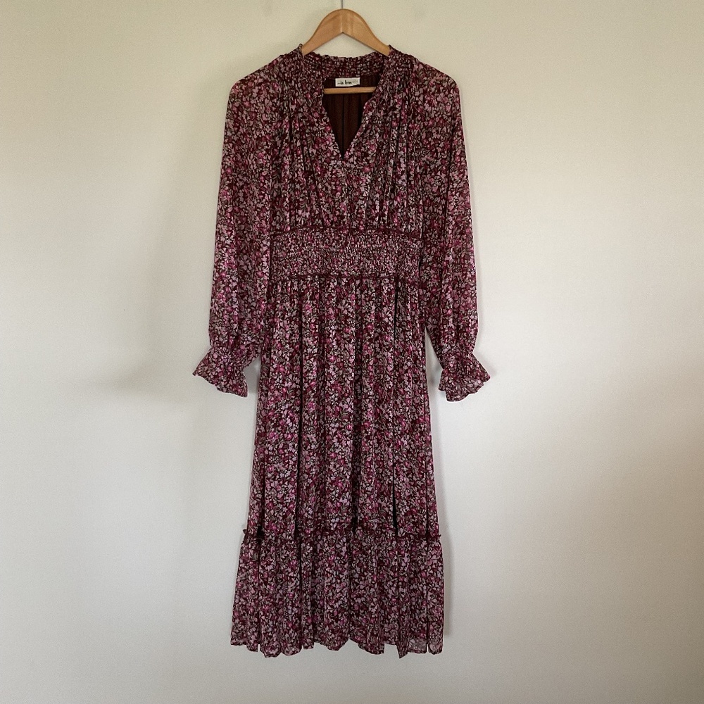 In Loom Chiffon Floral Smocked Waist Ruffle Tiered Maxi Dress Sz L READ